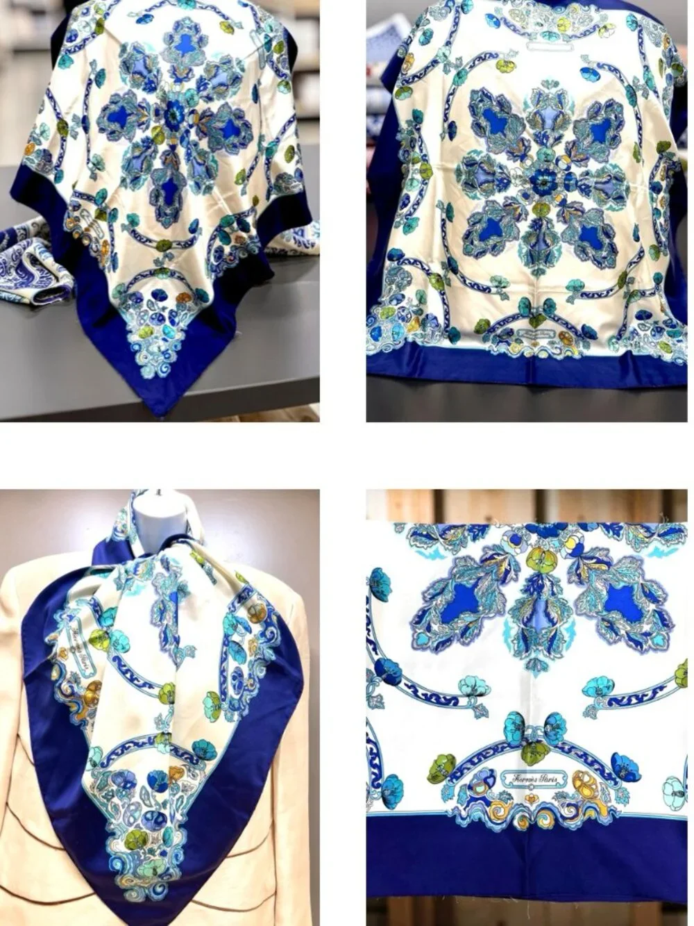 Anémones Hermes Paris  Silk  Scarf  34" Ivery Blue Purple Floral Pattern  (26) - Picture 12 of 16